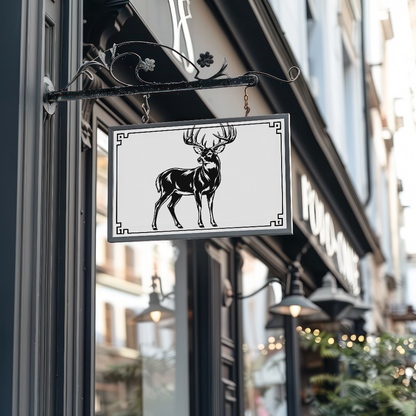 Decorative sign with a deer design hanging outside a building.
