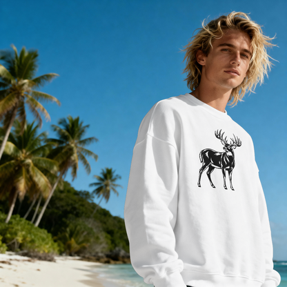 Person wearing a white sweatshirt with a black deer graphic on a tropical beach