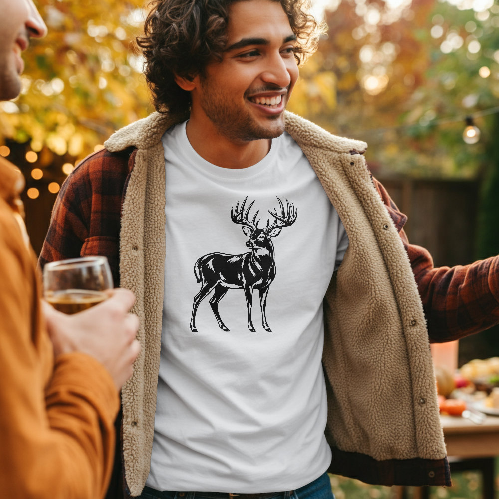 Man wearing a white t-shirt with a deer graphic at an outdoor event.
