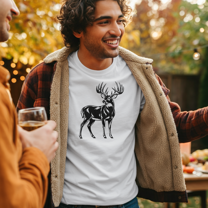 Man wearing a white t-shirt with a deer graphic at an outdoor event.