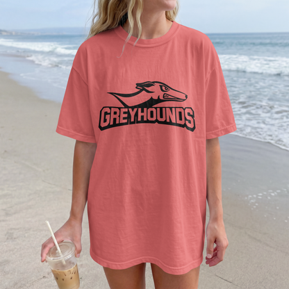 A woman wearing an oversized coral pink t-shirt with a black and greyhound graphic on the front, standing on a sandy beach with the ocean in the background.