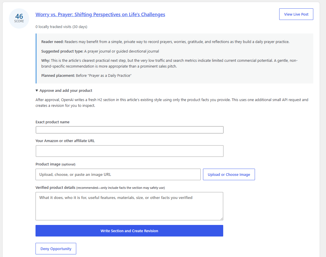 Revenue Gap AI WordPress plugin dashboard