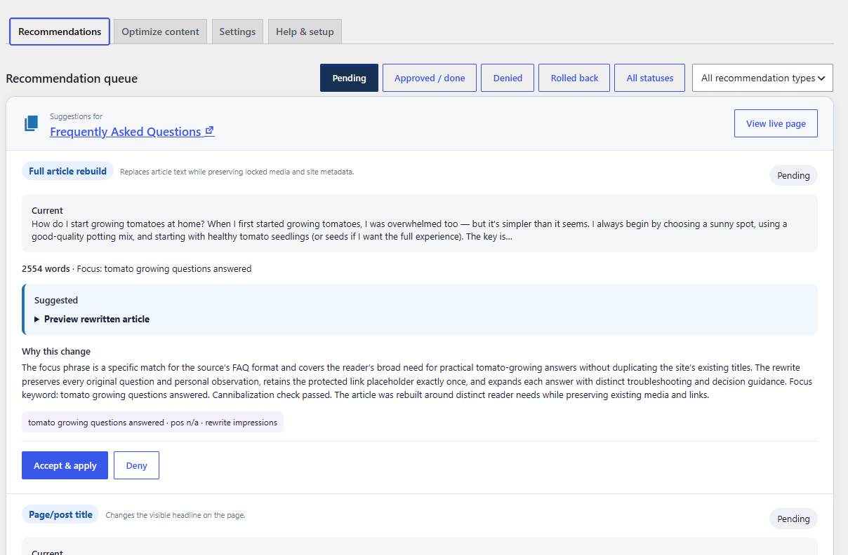 SearchLift AI WordPress dashboard showing Google Search Console SEO opportunities