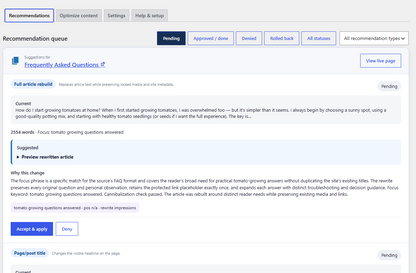 SearchLift AI WordPress dashboard showing Google Search Console SEO opportunities