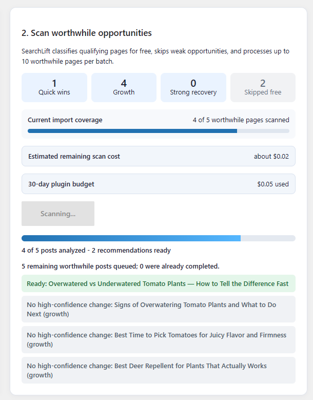 SearchLift AI content scanning progress in WordPress