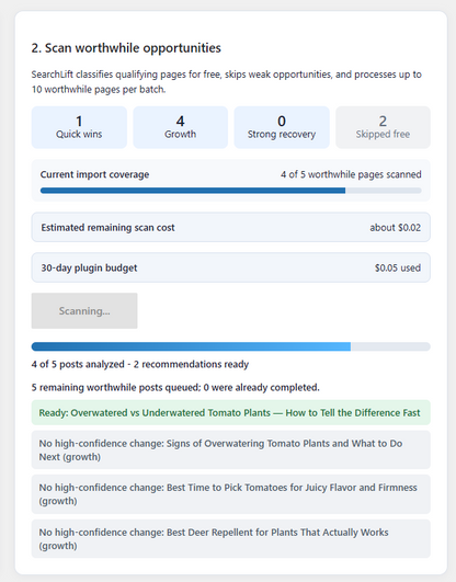 SearchLift AI content scanning progress in WordPress