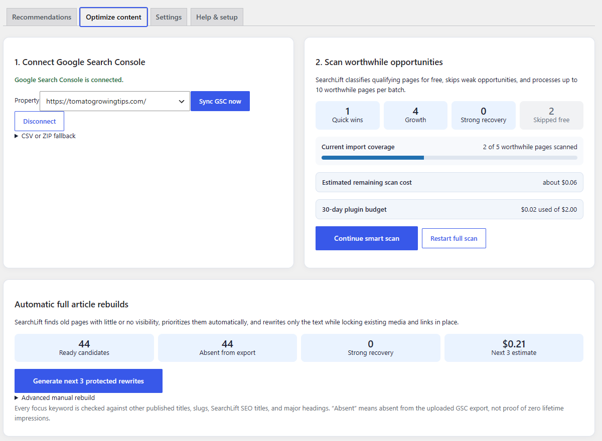 SearchLift AI keyword opportunity analysis dashboard