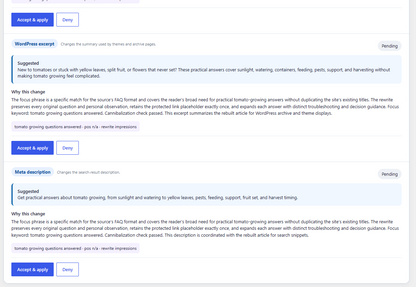 SearchLift AI review queue with evidence-backed SEO recommendations for WordPress