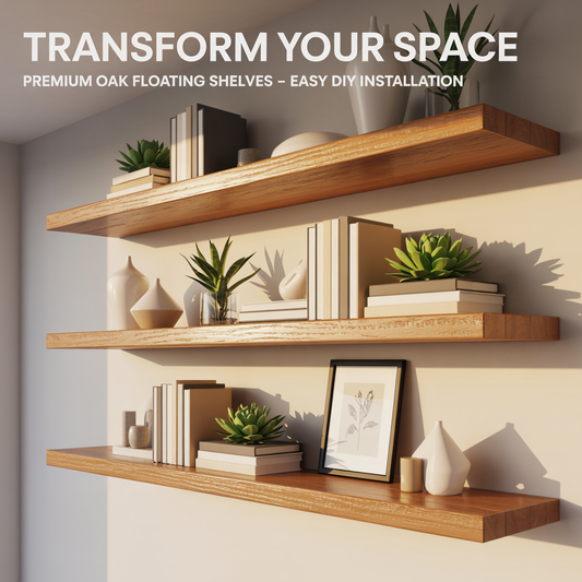 Set of three DIY floating wall shelves with hidden brackets displaying books, plants, and ceramics on a white wall