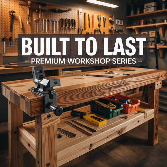 Step-by-step workbench build diagram showing leg assembly and apron attachment method