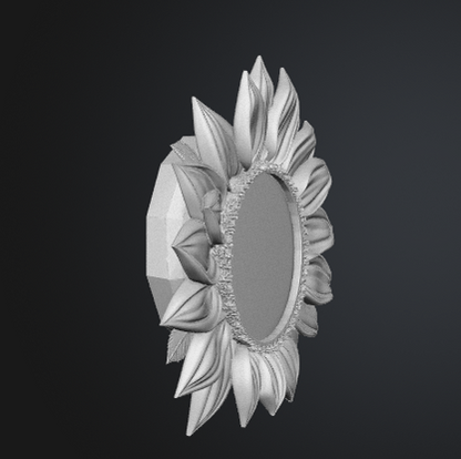A 3D-rendered decorative oval mirror with a sunflower-inspired frame and faceted side detail, shown in light gray on a dark gray background.