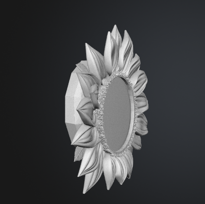 A 3D-rendered decorative oval mirror with a sunflower-inspired frame and faceted side detail, shown in light gray on a dark gray background.
