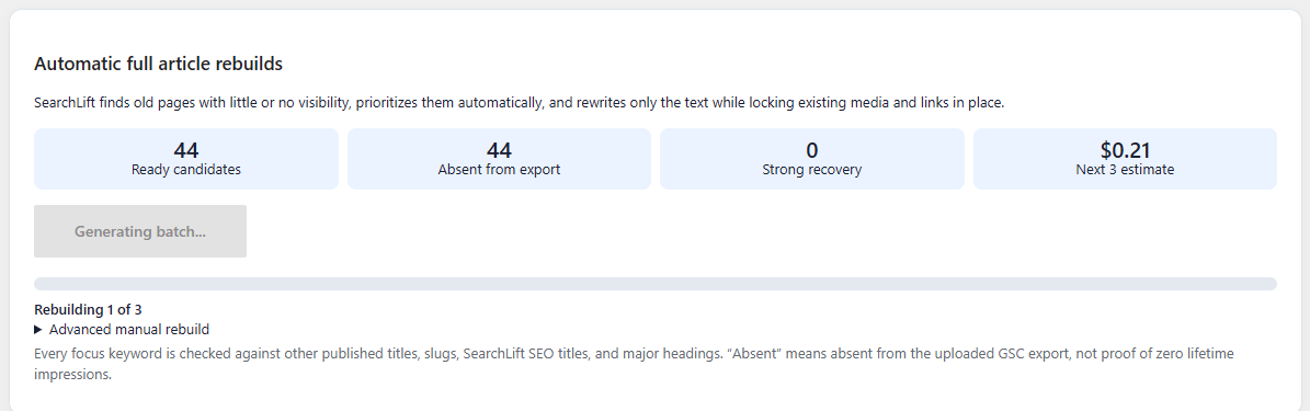 WordPress SEO optimization workflow using SearchLift AI