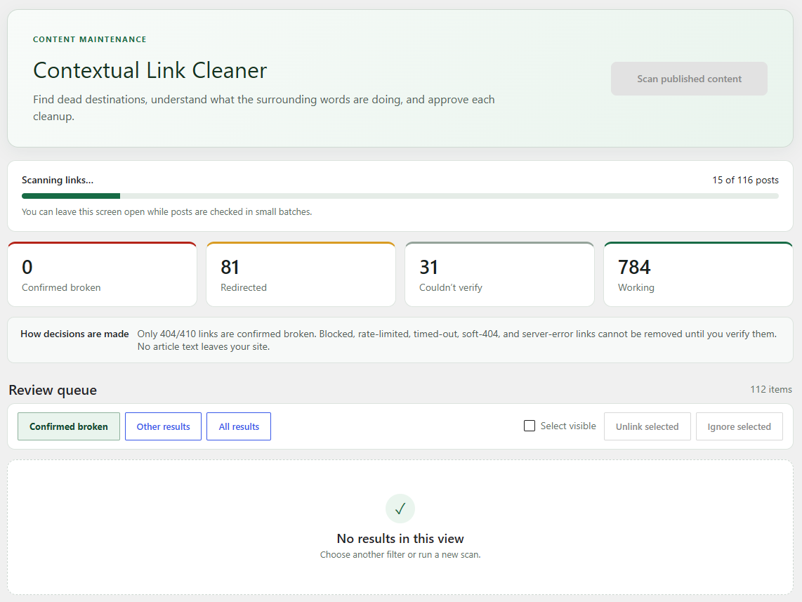 WordPress broken link checker plugin interface