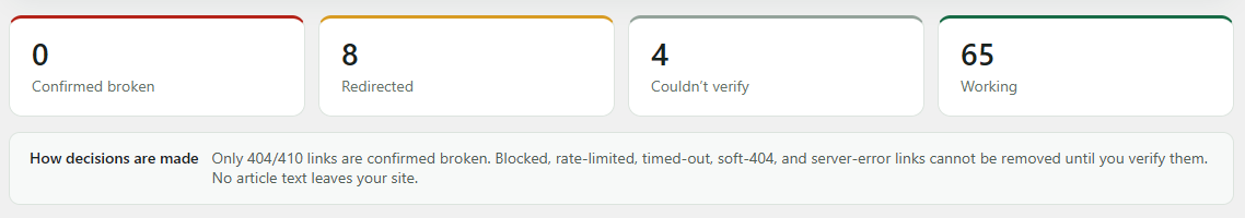 WordPress plugin showing broken link cleanup workflow