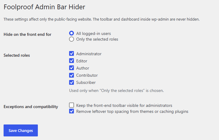 WordPress plugin to remove the admin toolbar