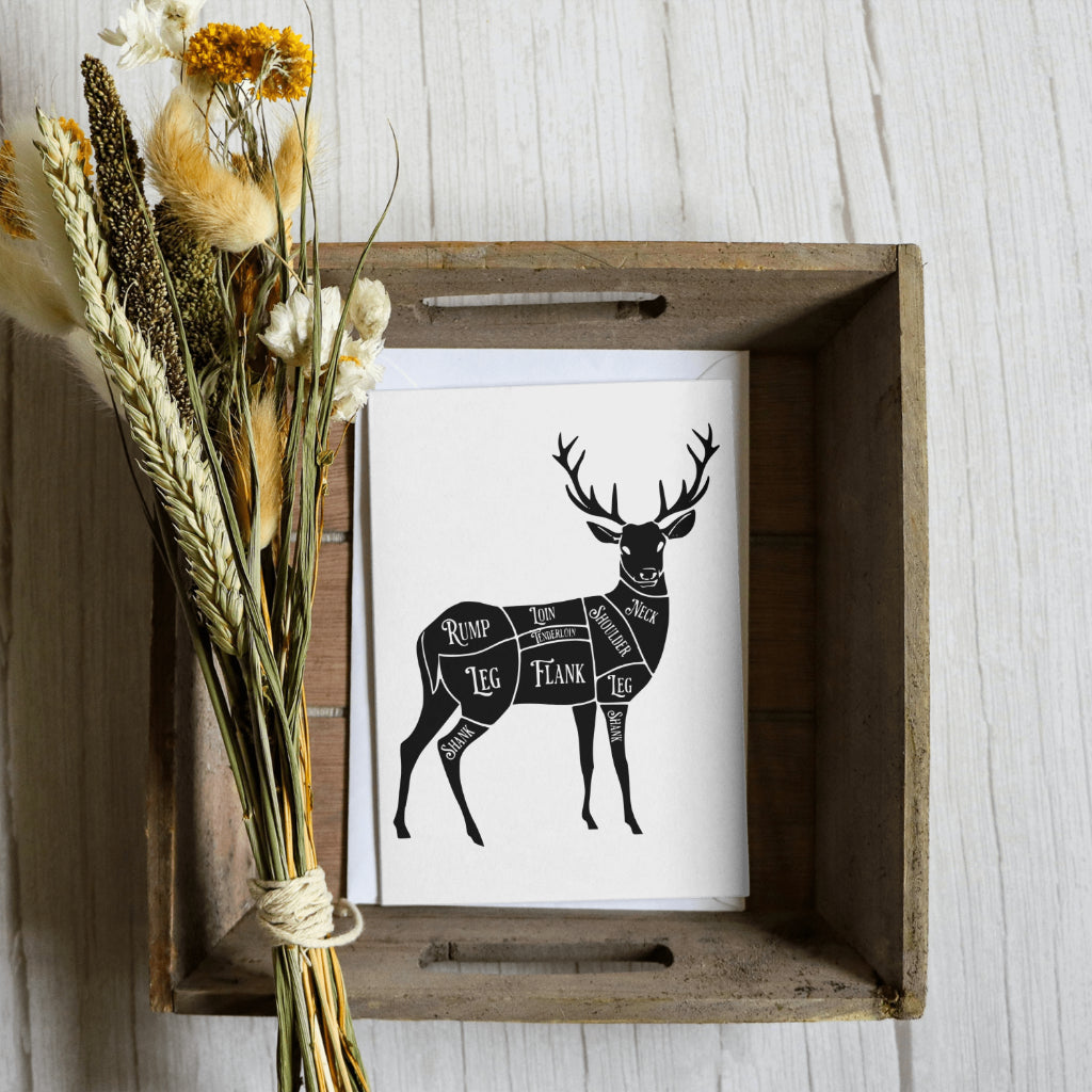 "JPEG of all-black deer anatomy illustration for culinary reference."