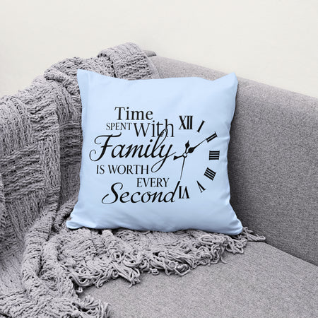 "JPEG of clock illustration with Roman numerals and family time quote."