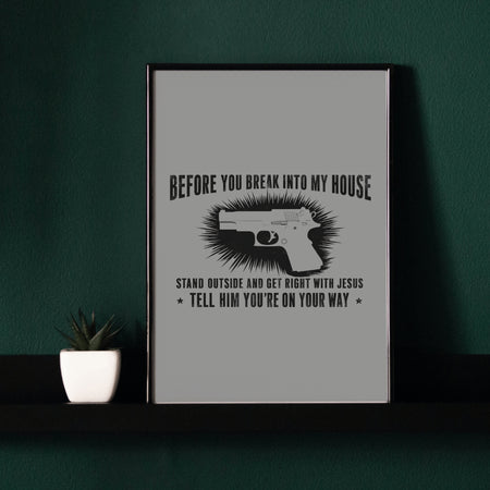 "JPEG of home defense warning sign with religious humor."