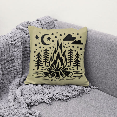 "SVG file of a bonfire with tree silhouettes and starry night background."