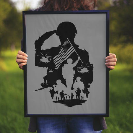 silhouette graphic of soldier saluting