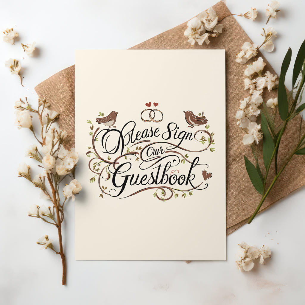 Artistic guestbook sign with two birds and intertwined rings for weddings.