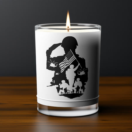 "Veteran's tribute graphic featuring soldier and flag silhouette."