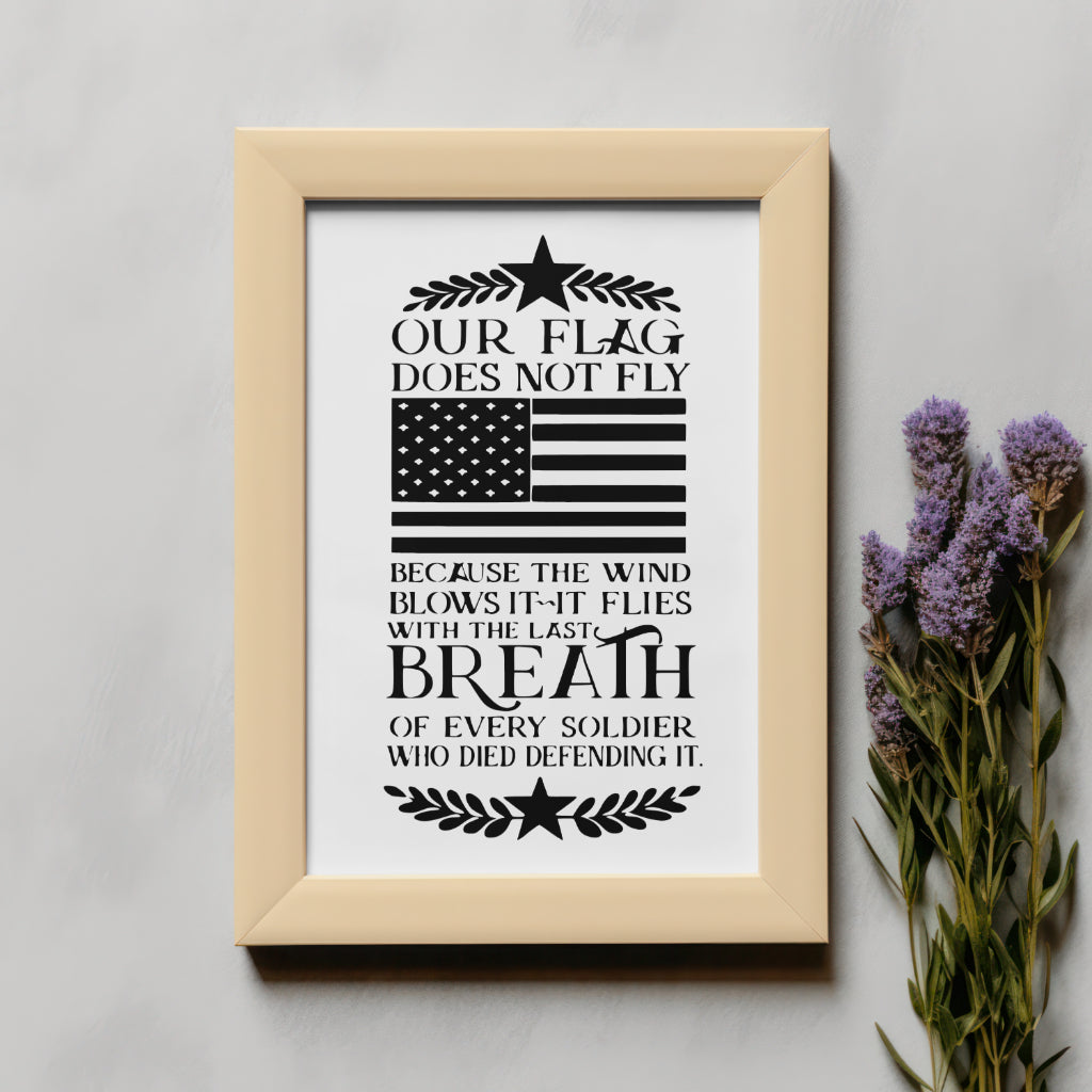 "Black and white silhouette American flag and soldier message PNG."