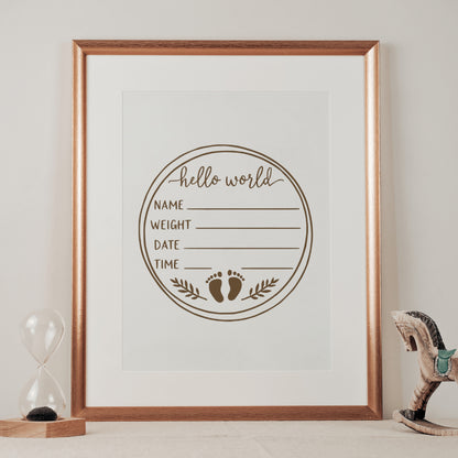 "Elegant newborn announcement PNG template with footprints."