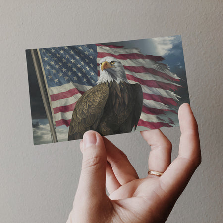 "JPEG of eagle and old American flag under stormy skies."