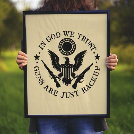 "PNG of black eagle graphic with In God We Trust text for decals."