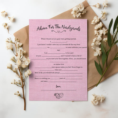 "Interactive Newlywed Advice Mad Libs with rustic pink design."