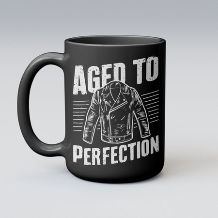 "Retro font 'aged to perfection' t-shirt graphic in white."