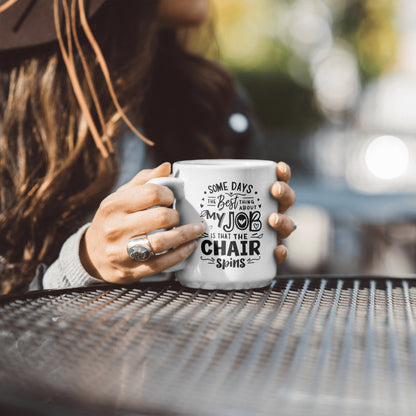 JPEG of humorous office decor featuring chair spinning joke.