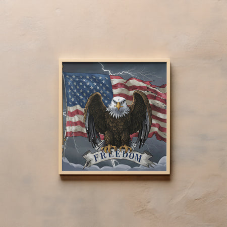 "JPEG of eagle and worn American flag illustration with stormy background."