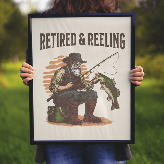 Relaxing retirement fishing illustration in SVG, PNG, JPEG formats.