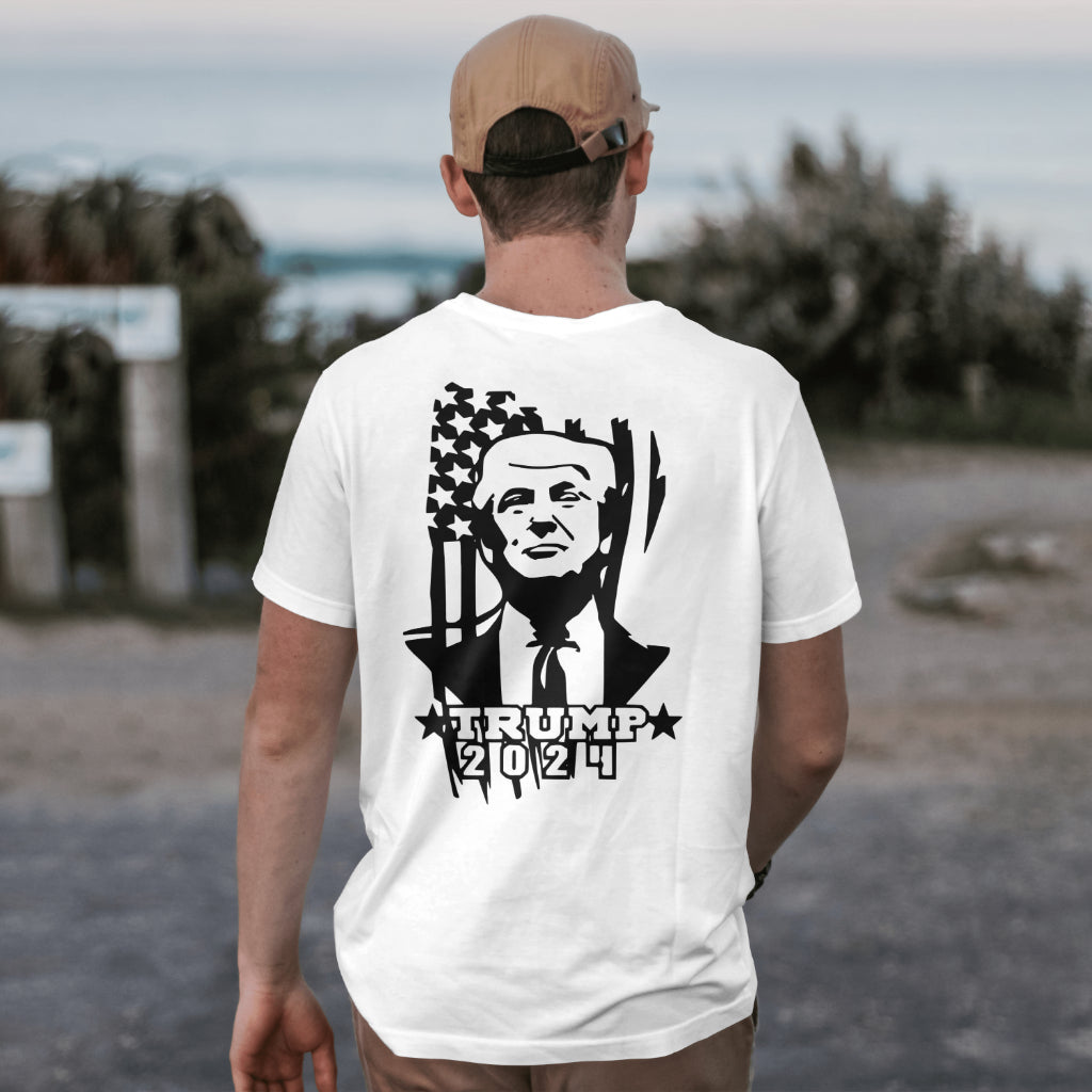 Striking silhouette of Donald Trump against American flag, perfect for political projects.