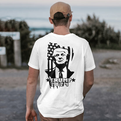 Striking silhouette of Donald Trump against American flag, perfect for political projects.