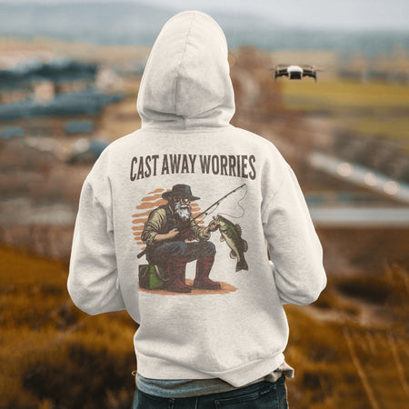 Digital artwork of older man fishing with "Cast Away Worries" text.