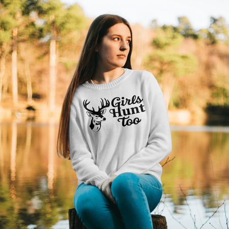 "Deer illustration with 'Girls Hunt Too' text for hunting apparel and gear."