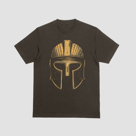 "Gold and black Spartan helmet with transparent background for custom designs."