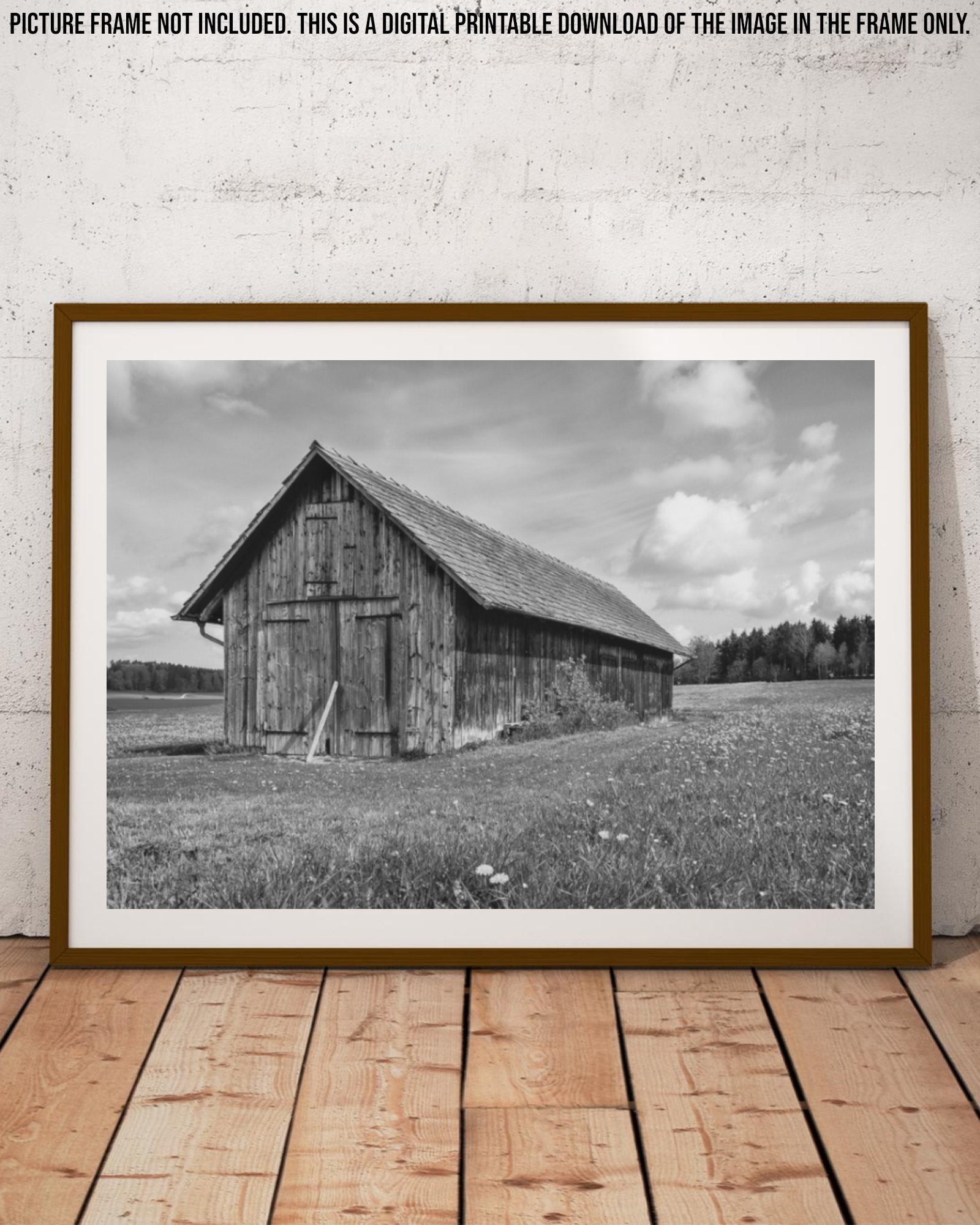 Black and white digital image of a rustic barn for farmhouse decor