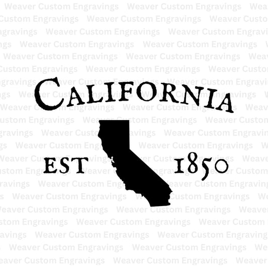 California state silhouette with 1850 established date digital design.