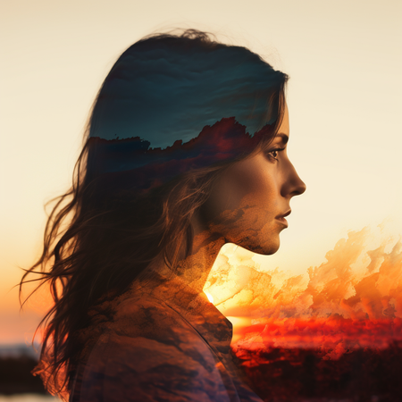 Double exposure woman profile with sunset digital PNG FREE