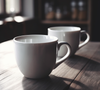 Downloadable dual white coffee cups on wooden table image for mockups