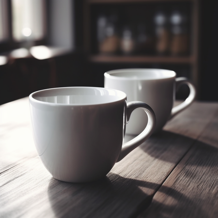 Downloadable dual white coffee cups on wooden table image for mockups