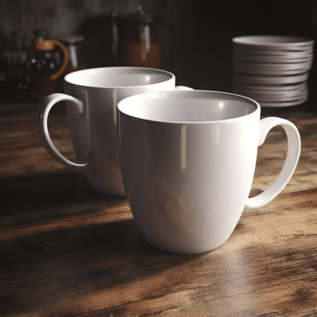 Cozy coffee break image with white cups and dishes in the background