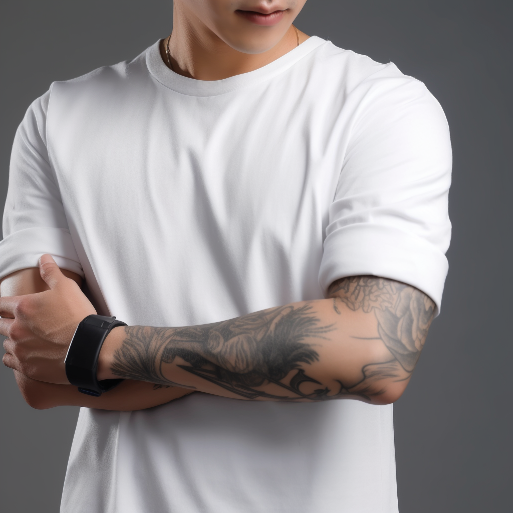 Realistic male t-shirt sleeve for design showcase PNG download with arm tattoos