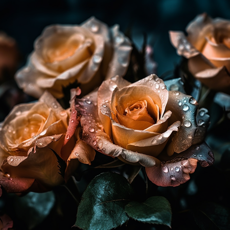 HD peach rose photo with colorful tips and water drops PNG