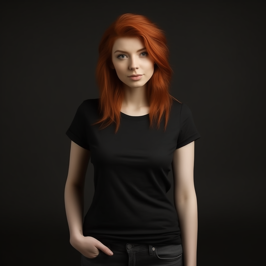 High-resolution t-shirt blank mockup with redheaded model